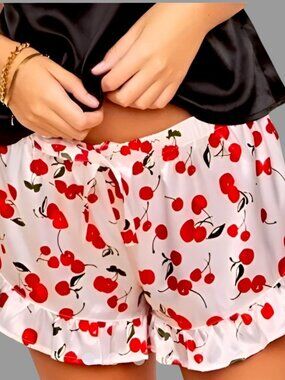 Adore Me Women's Satin Effect Cherry Ruffled Sleep Shorts White Size Small